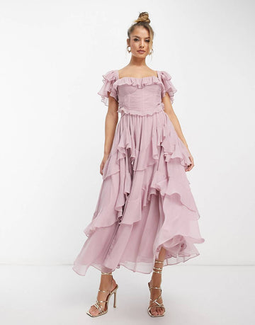 Dress Holiday Dress Lace Side Hollow Cake Dress Lotus Leaf Folding Long Dress